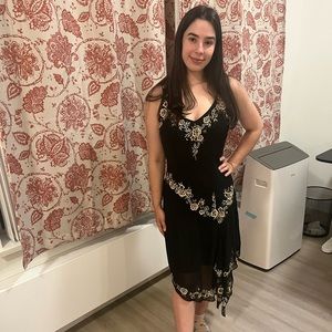 Hand Embroidered Silk-Rayon-poly mix floral black dres with cream flowers